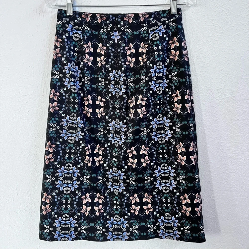 J Crew black mirrored floral midi skirt